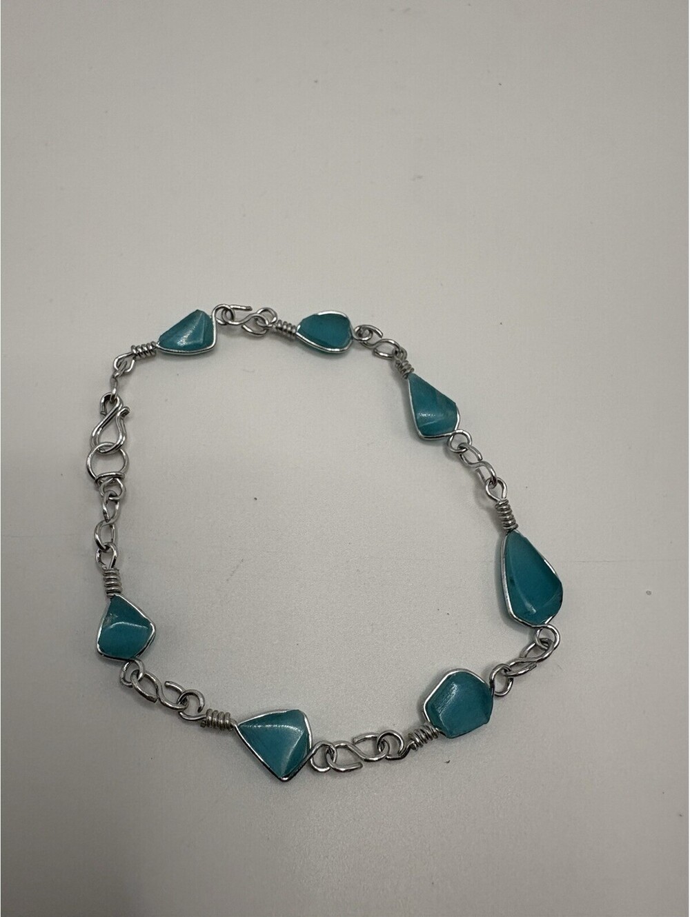 Handmade Silver Tone Turquoise Teardrop Wire Wrapped Link Bracelet
